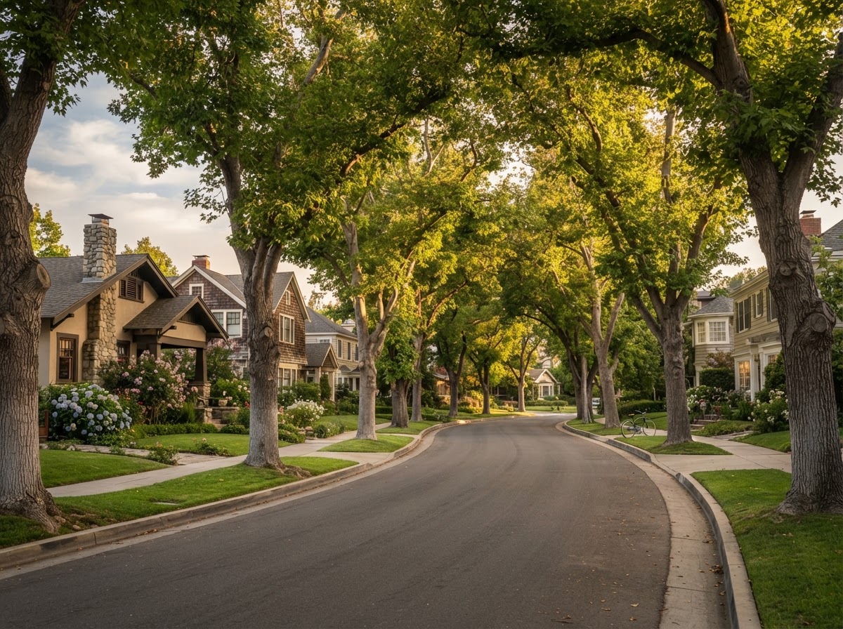 A peaceful tree-lined residential street with mature shade trees