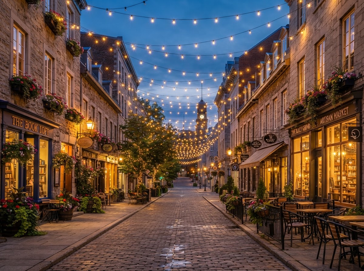 A vibrant walkable downtown street with boutique shops and string lights