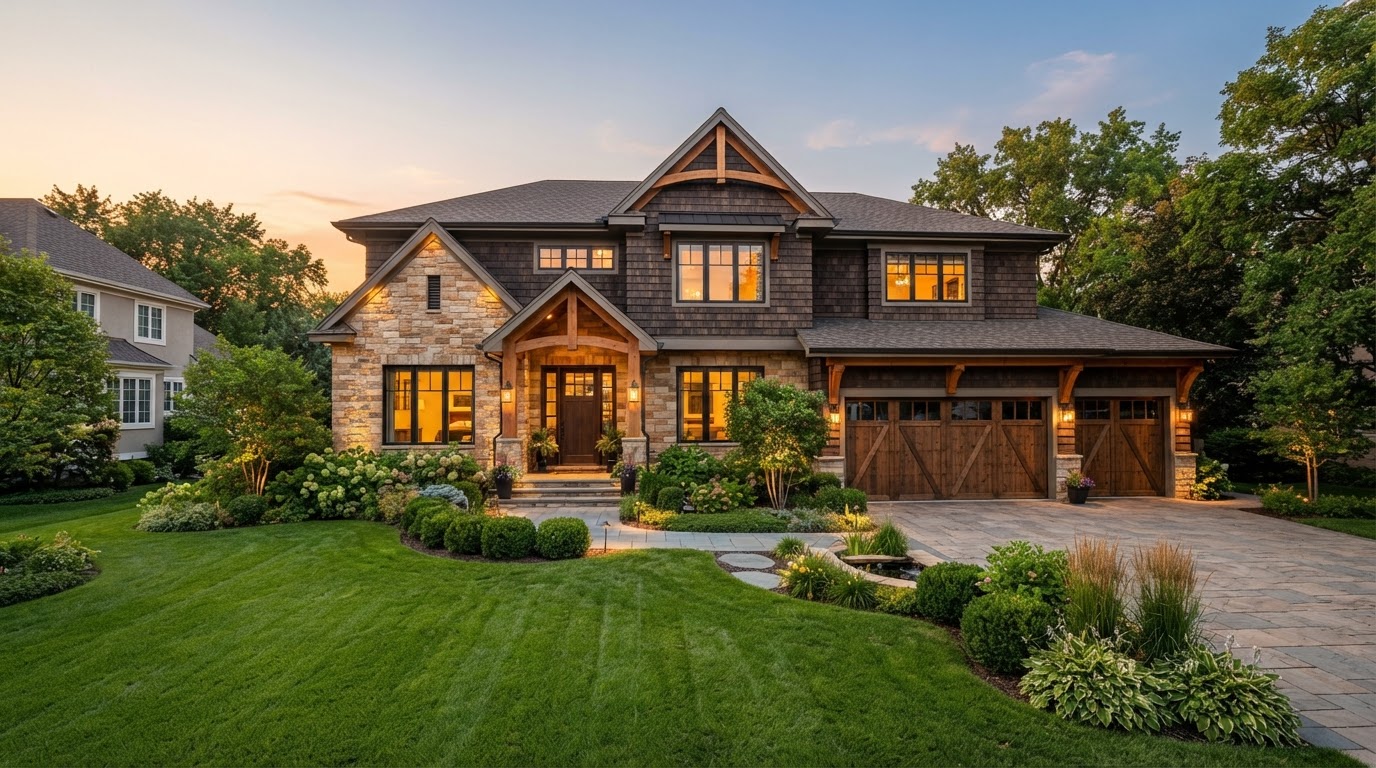 A premium two-story home with a warm stone facade at golden hour
