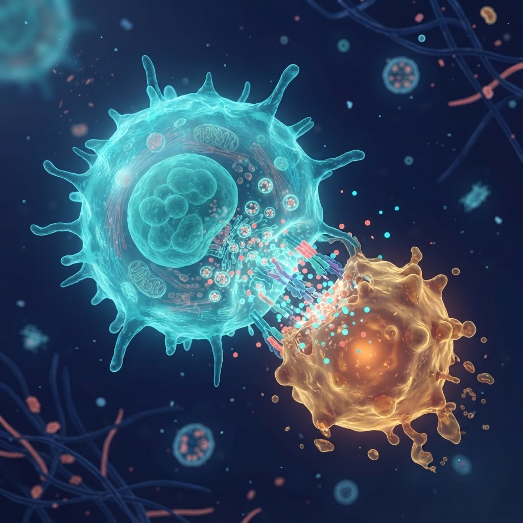 Medical illustration of an active Natural Killer (NK) immune cell engaging and neutralizing a target abnormal cell.