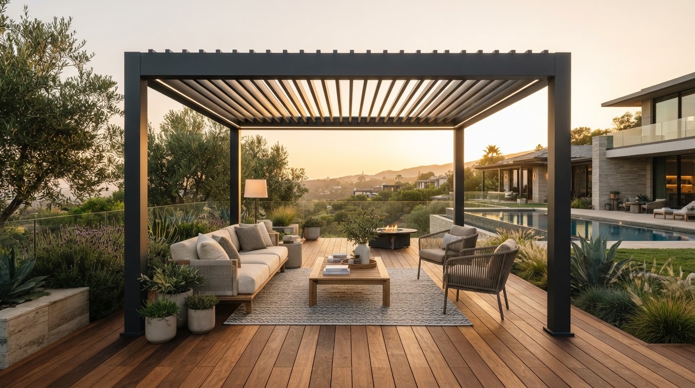 Pergola sa zakretnim krovom nad modernom terasom