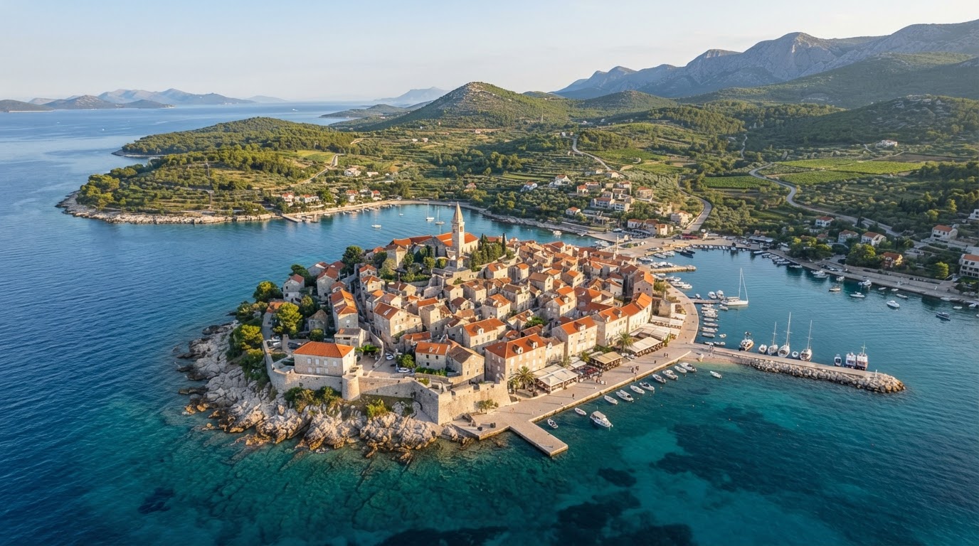 Pogled na primorski hrvatski grad s kamenim kućama i zelenilom