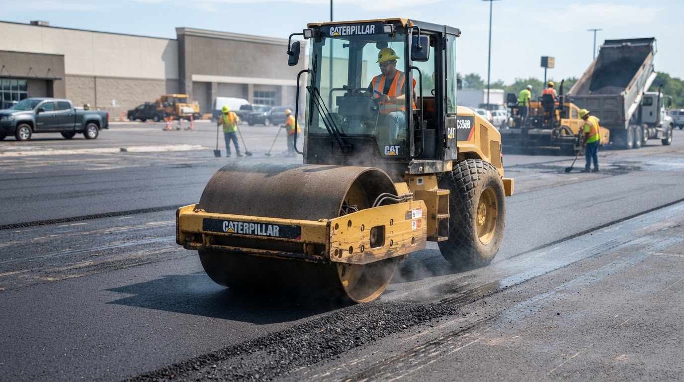 Steel drum roller compacting freshly laid hot asphalt