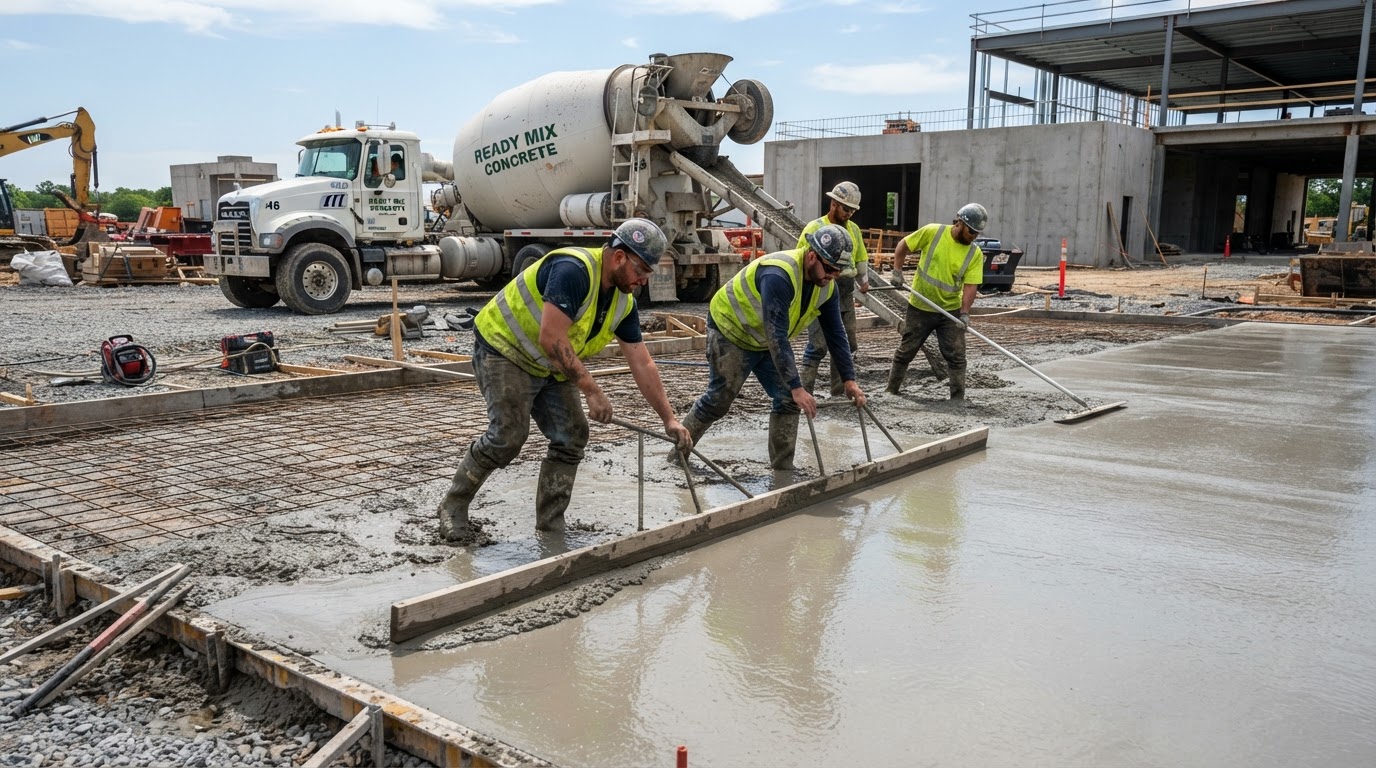 Concrete crew pouring and finishing a commercial slab on site