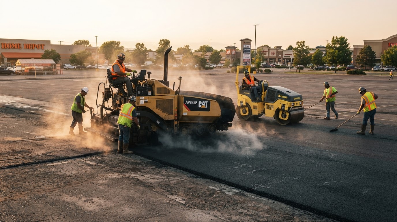 Commercial asphalt paving crew laying fresh hot-mix asphalt in a parking lot