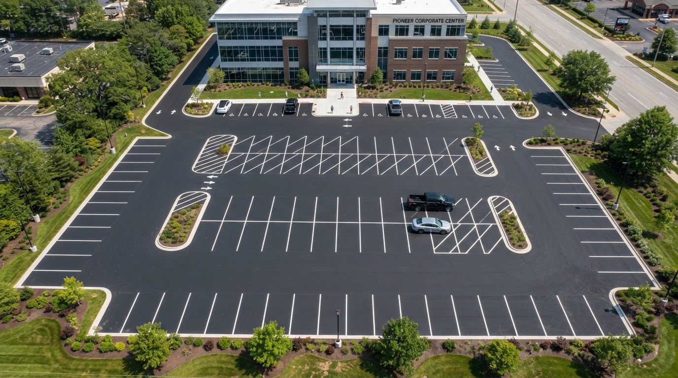 Aerial view of a freshly striped commercial parking lot