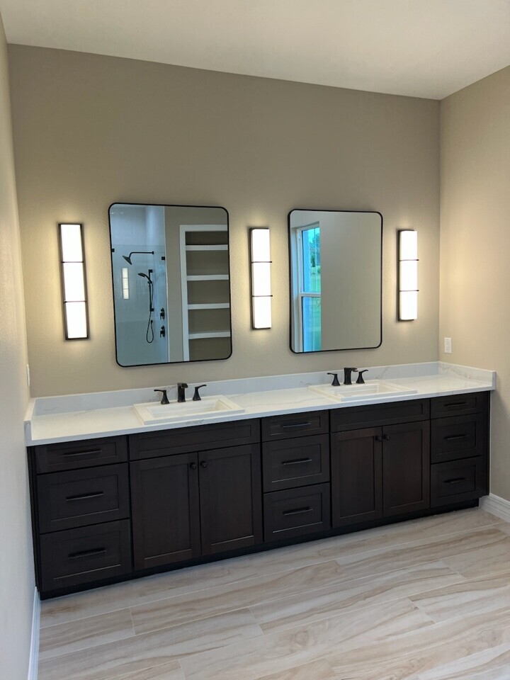 Espresso Double Vanity with Quartz Countertop & Modern Linear Sconces — Remodeling, Tampa Bay, FL