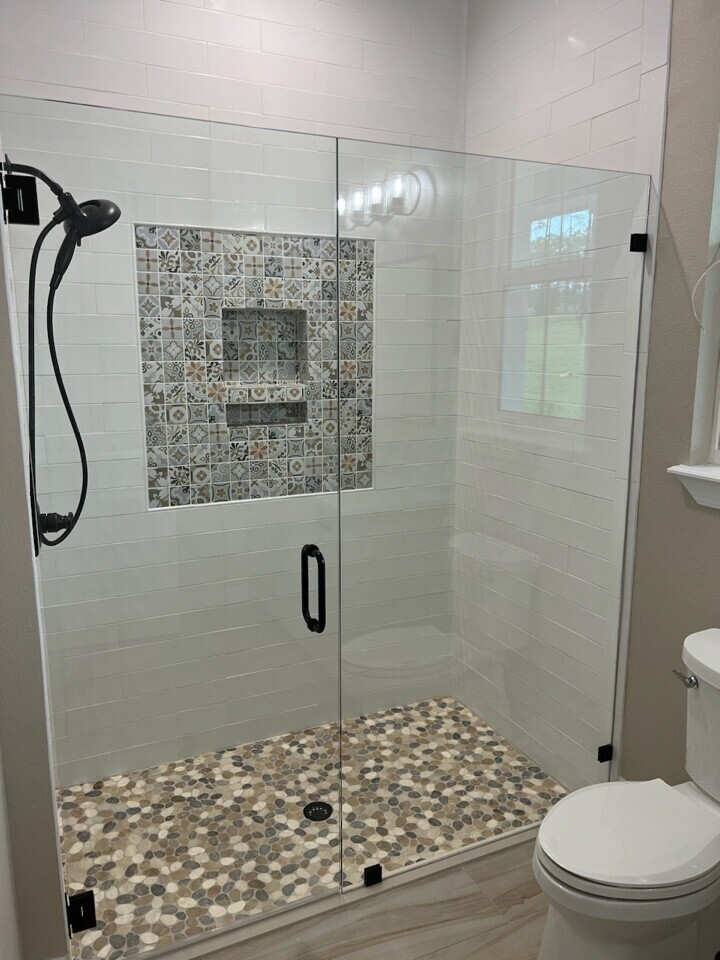 Frameless Walk-In Shower with Talavera-Style Mosaic Tile Niche & River Pebble Floor — Remodeling, Tampa Bay, FL