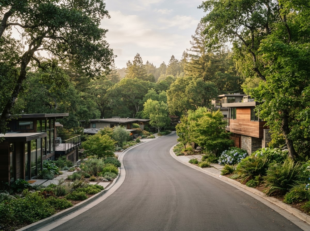 Peaceful tree-lined residential street with modern low-slung homes