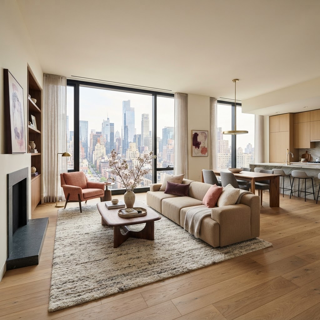 Bright open-plan living room with tall windows and a city view