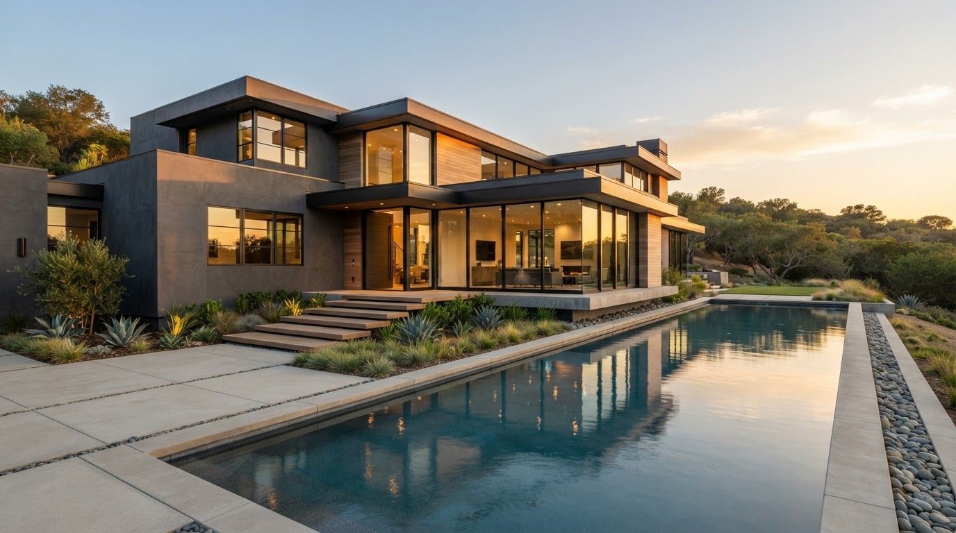 Contemporary home with floor-to-ceiling glass and a reflecting pool at golden hour