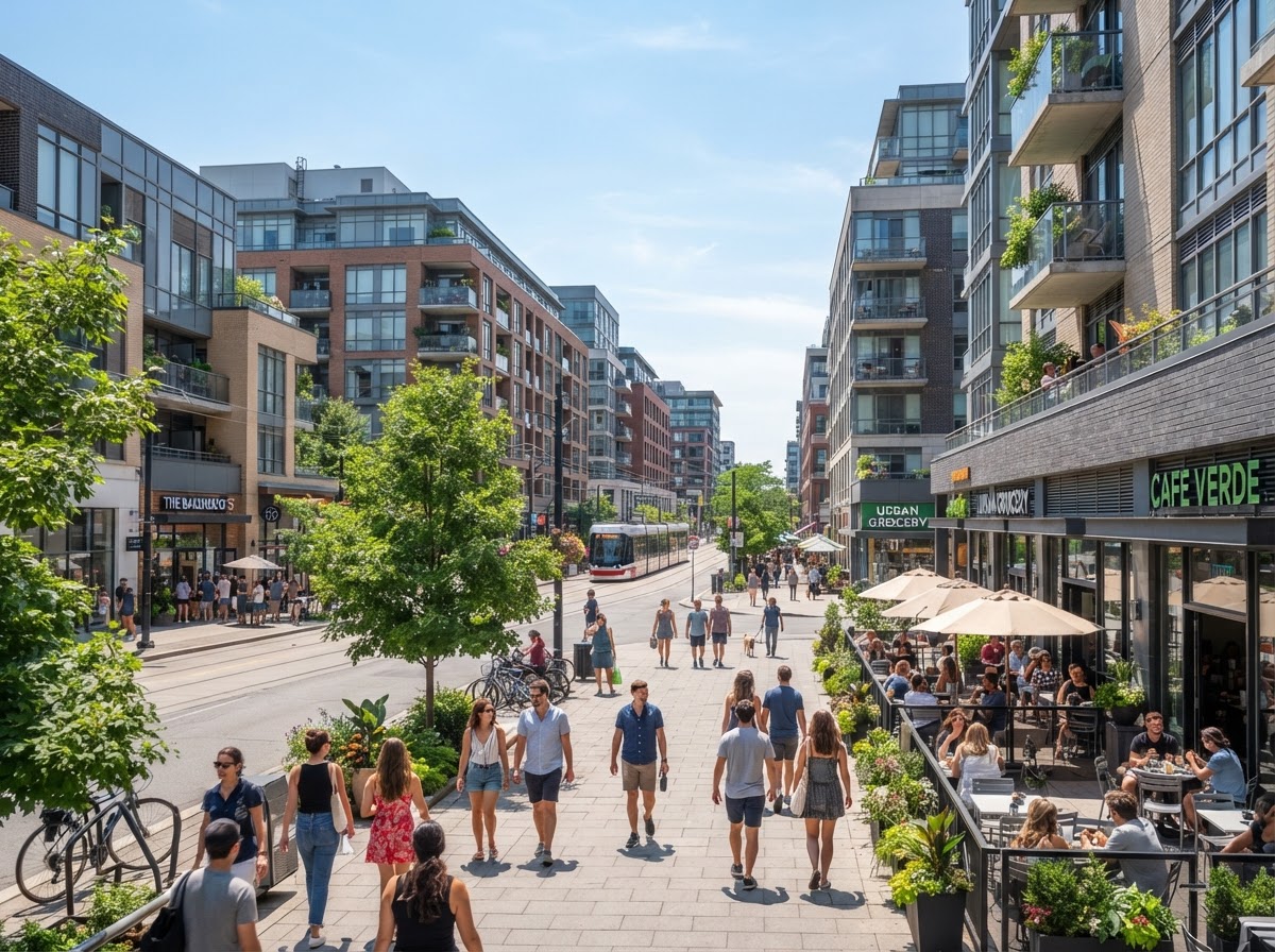 Walkable urban street with modern mid-rise buildings and storefronts