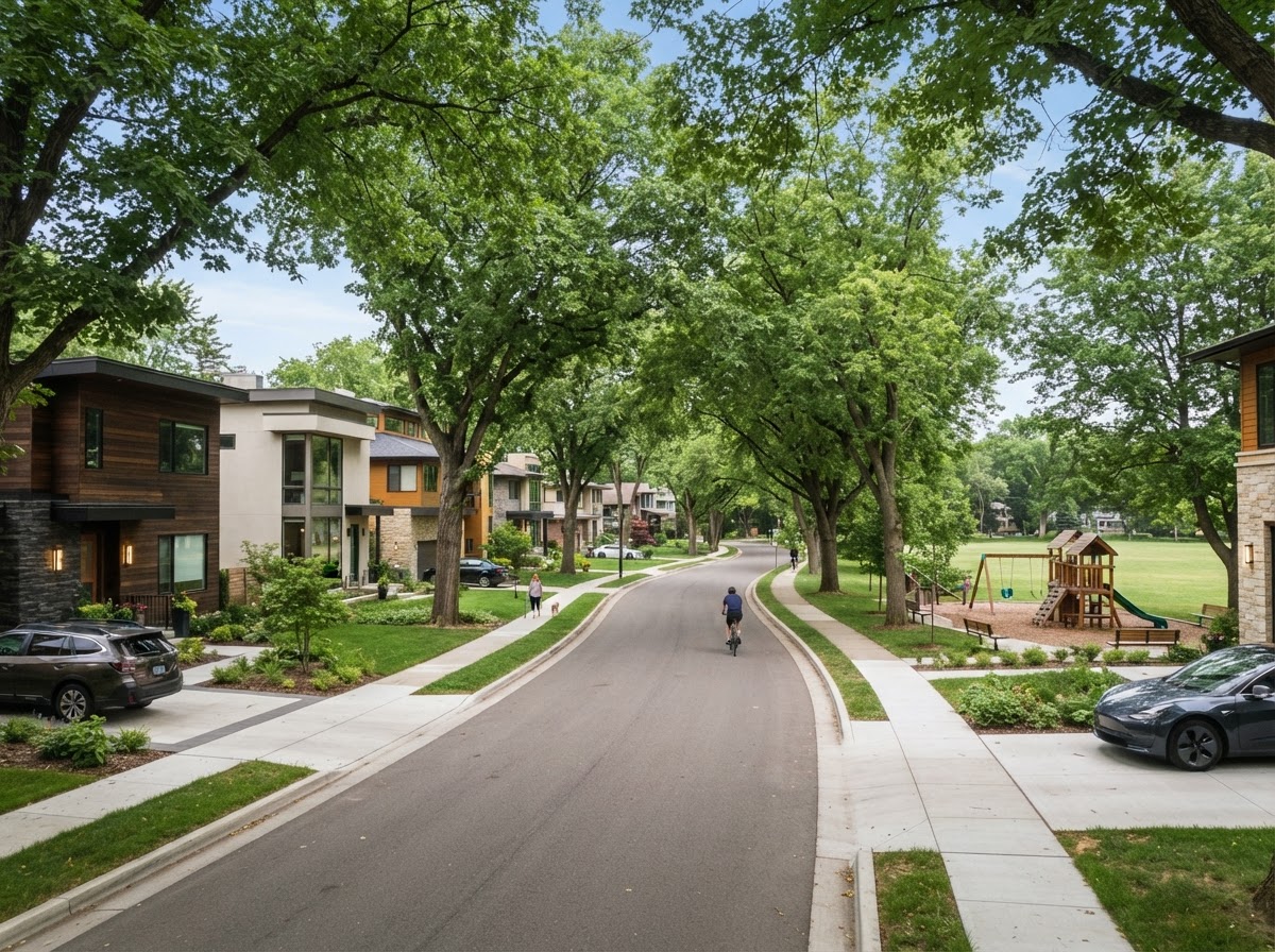 Suburban street with modern homes, mature trees and a neighbourhood park