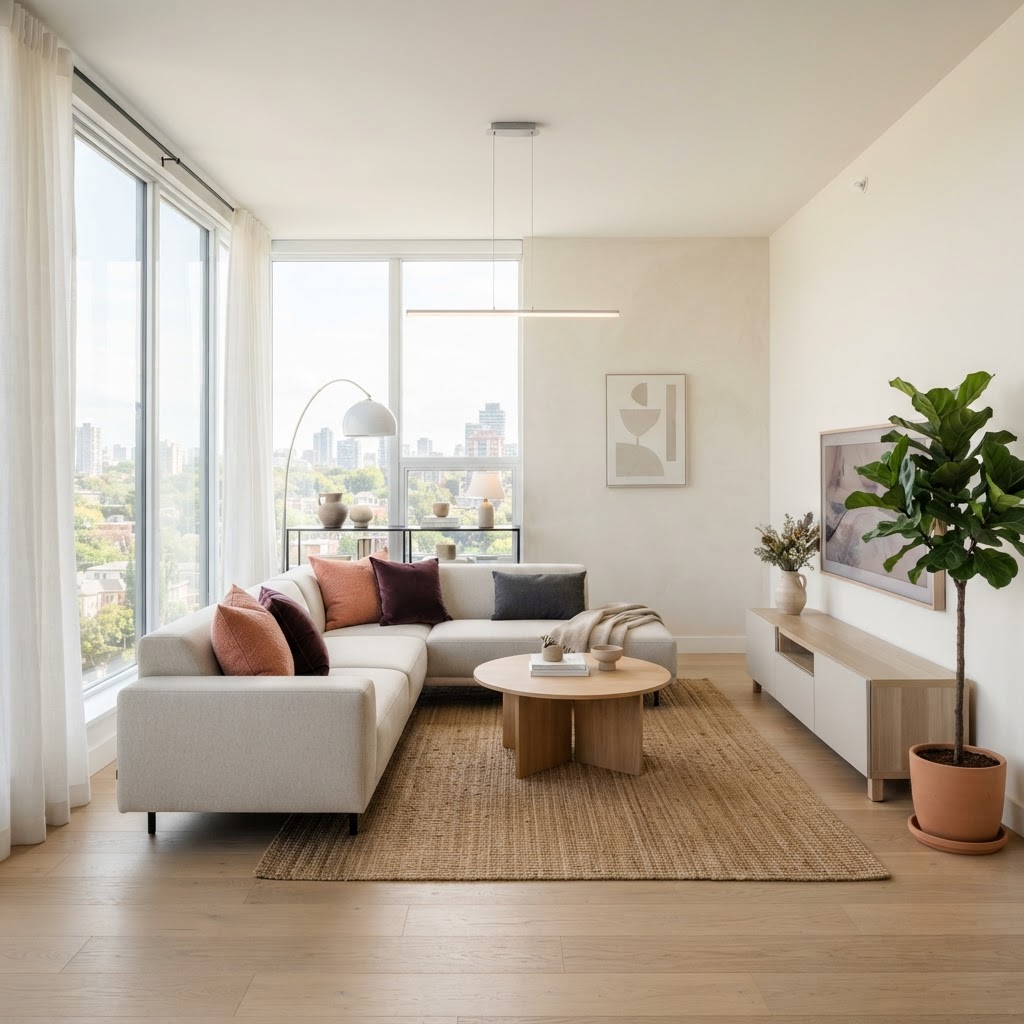 Bright two-bedroom condo living room with city view
