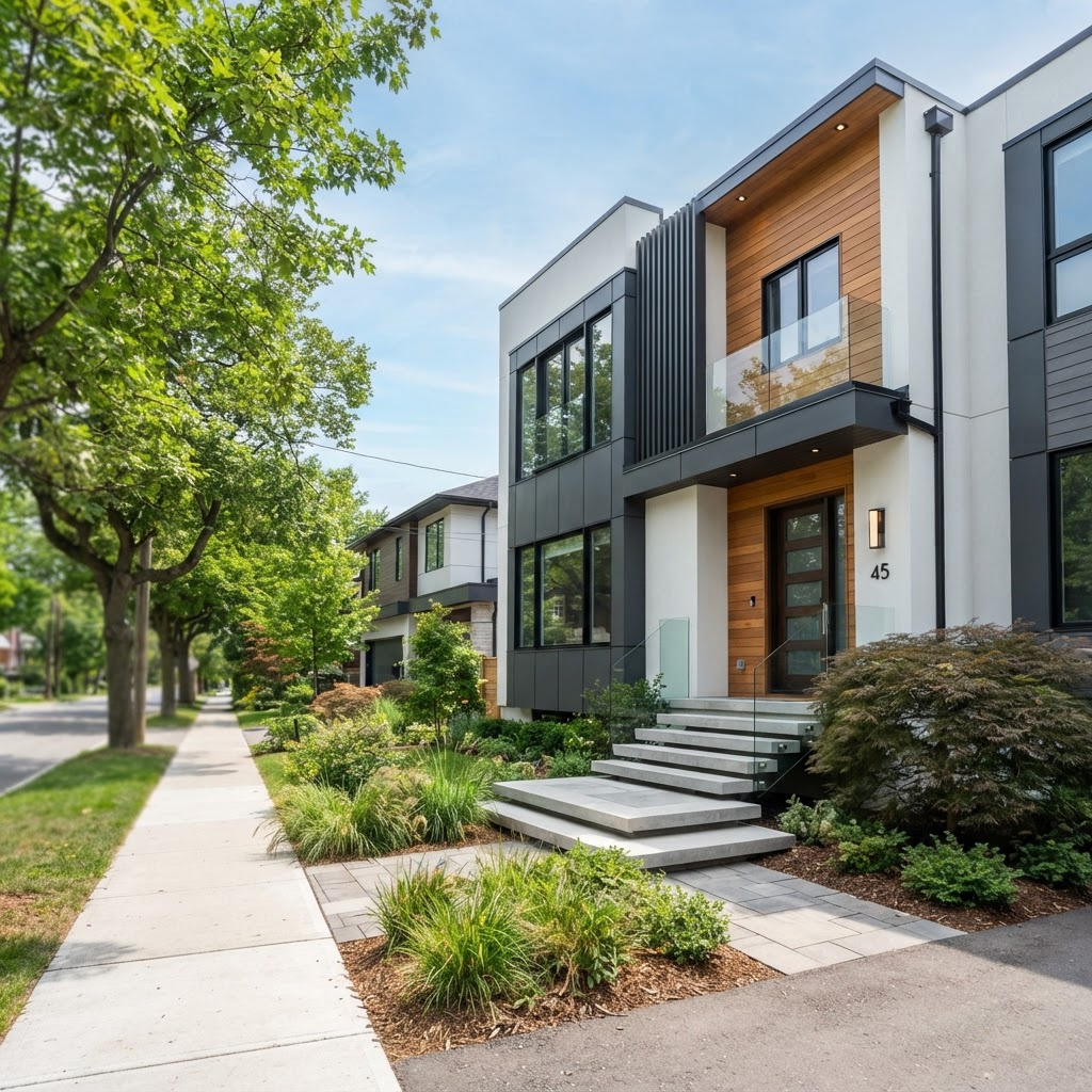 Modern three-bedroom townhome with white and charcoal facade