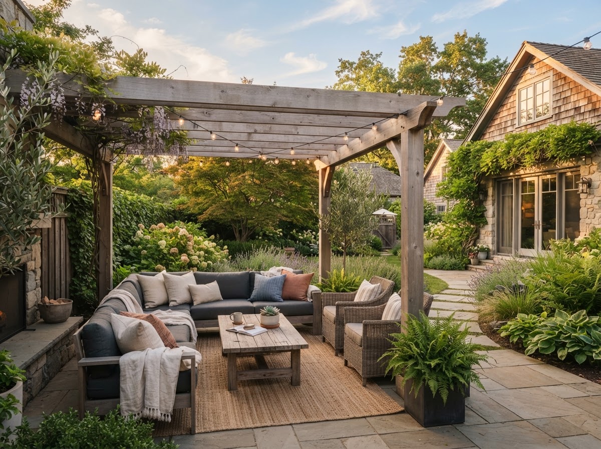 Inviting backyard patio with outdoor seating and soft landscaping