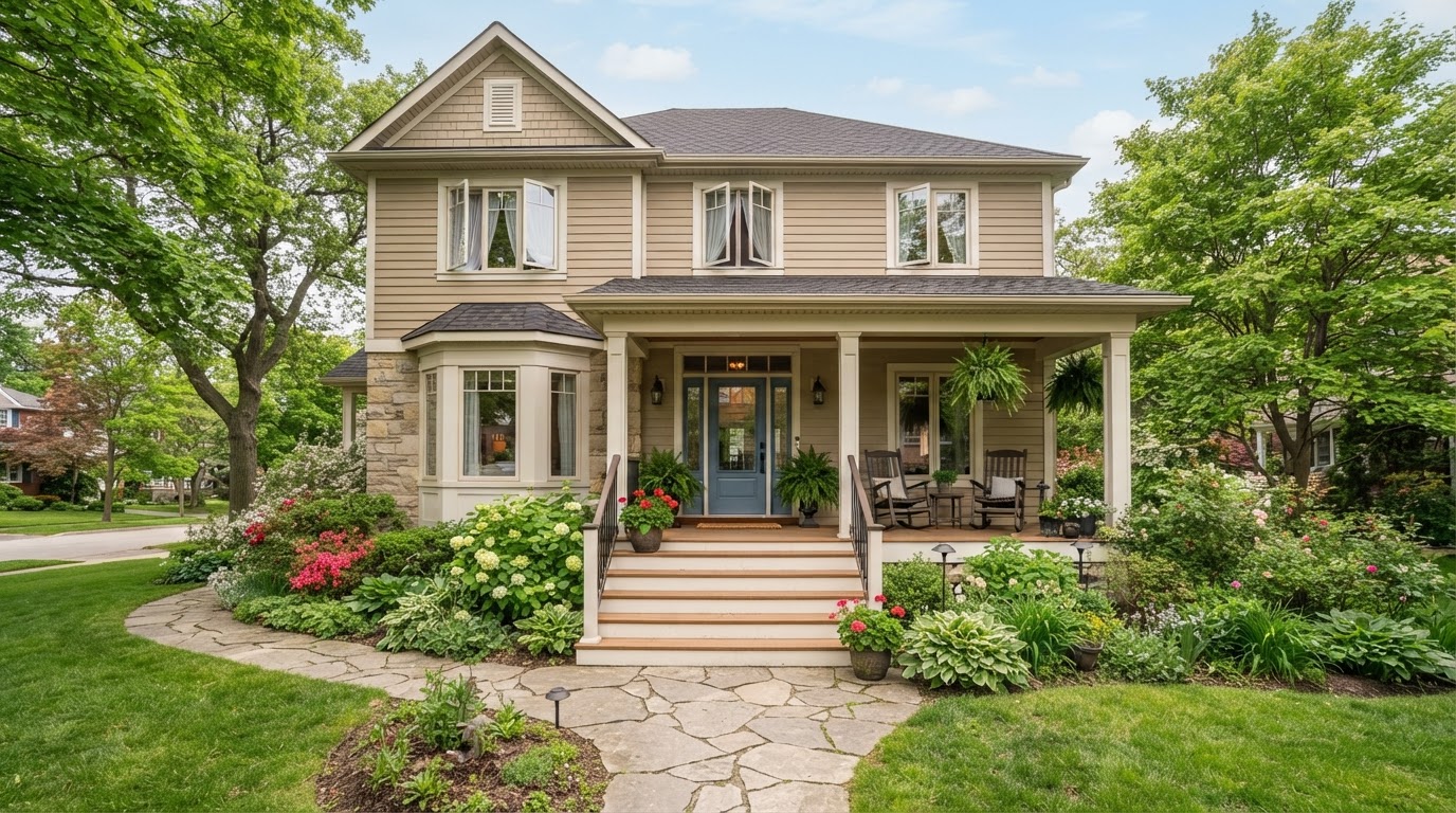 Welcoming family home exterior with a covered front porch in warm daylight