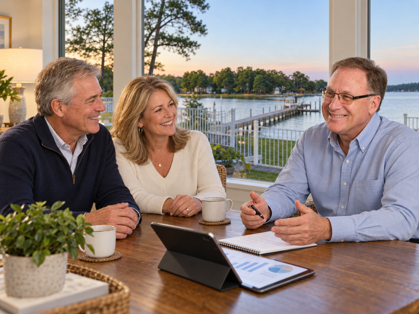 Financial advisor meeting with clients at table reviewing strategy illustrations with waterfront view