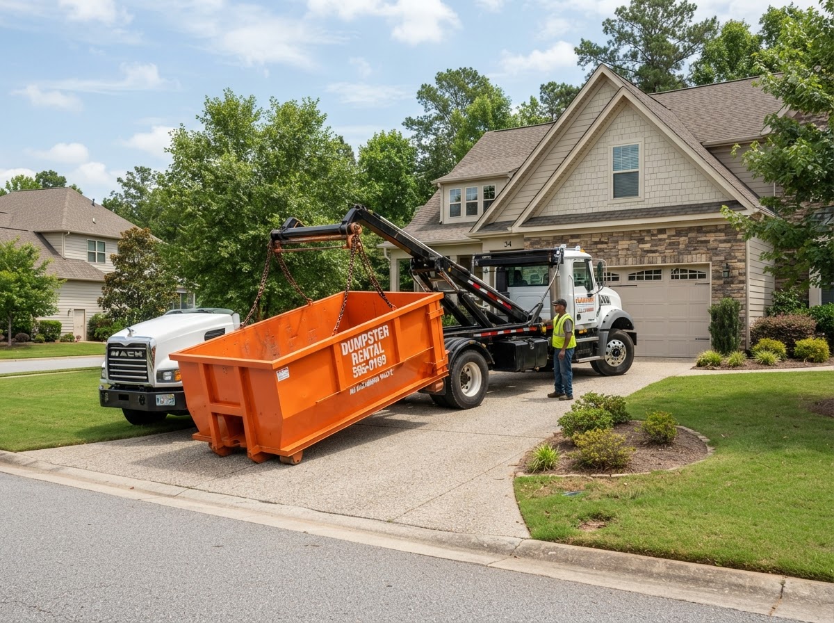 Roll-off dumpster delivery truck lowering a dumpster onto a driveway