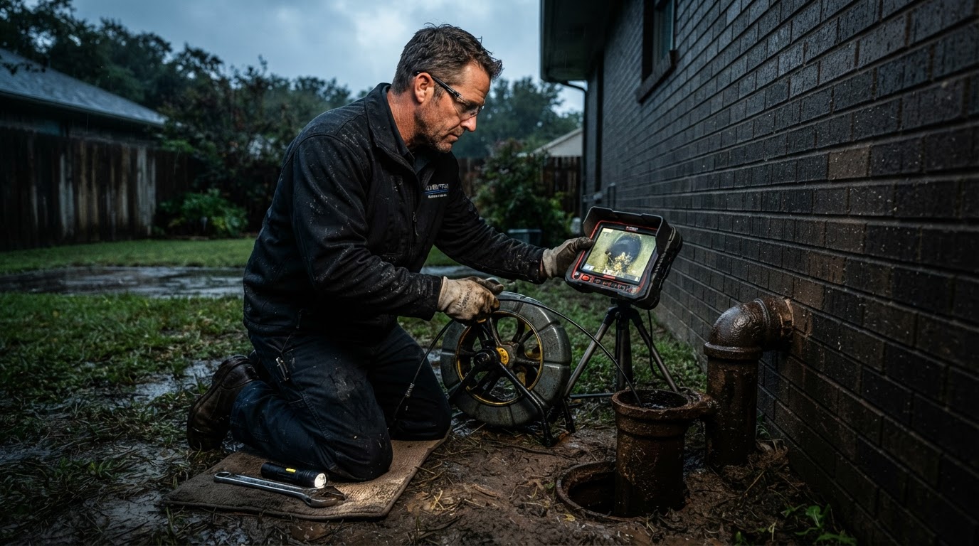 Plumber performing a camera inspection on a main sewer line in Greater Vancouver