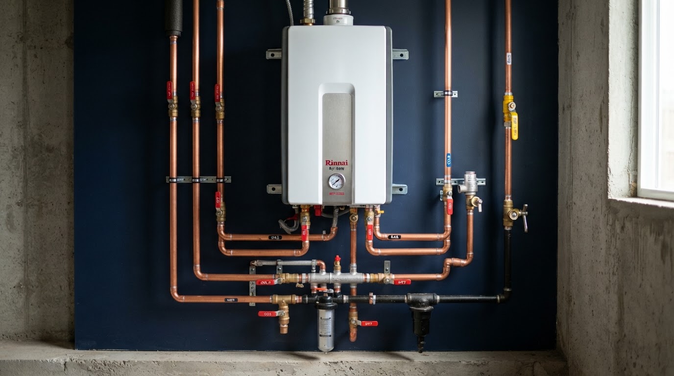 New tankless water heater installation on a wall with copper piping