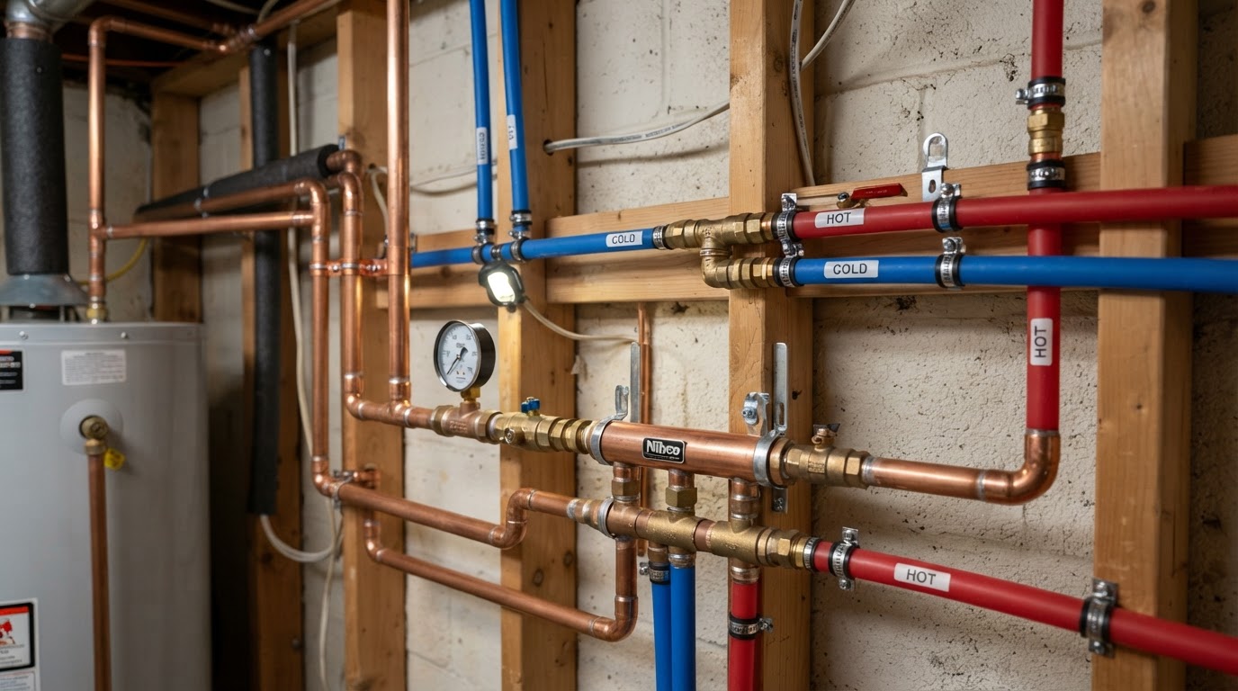 New copper and PEX pipes neatly installed in a Greater Vancouver utility room