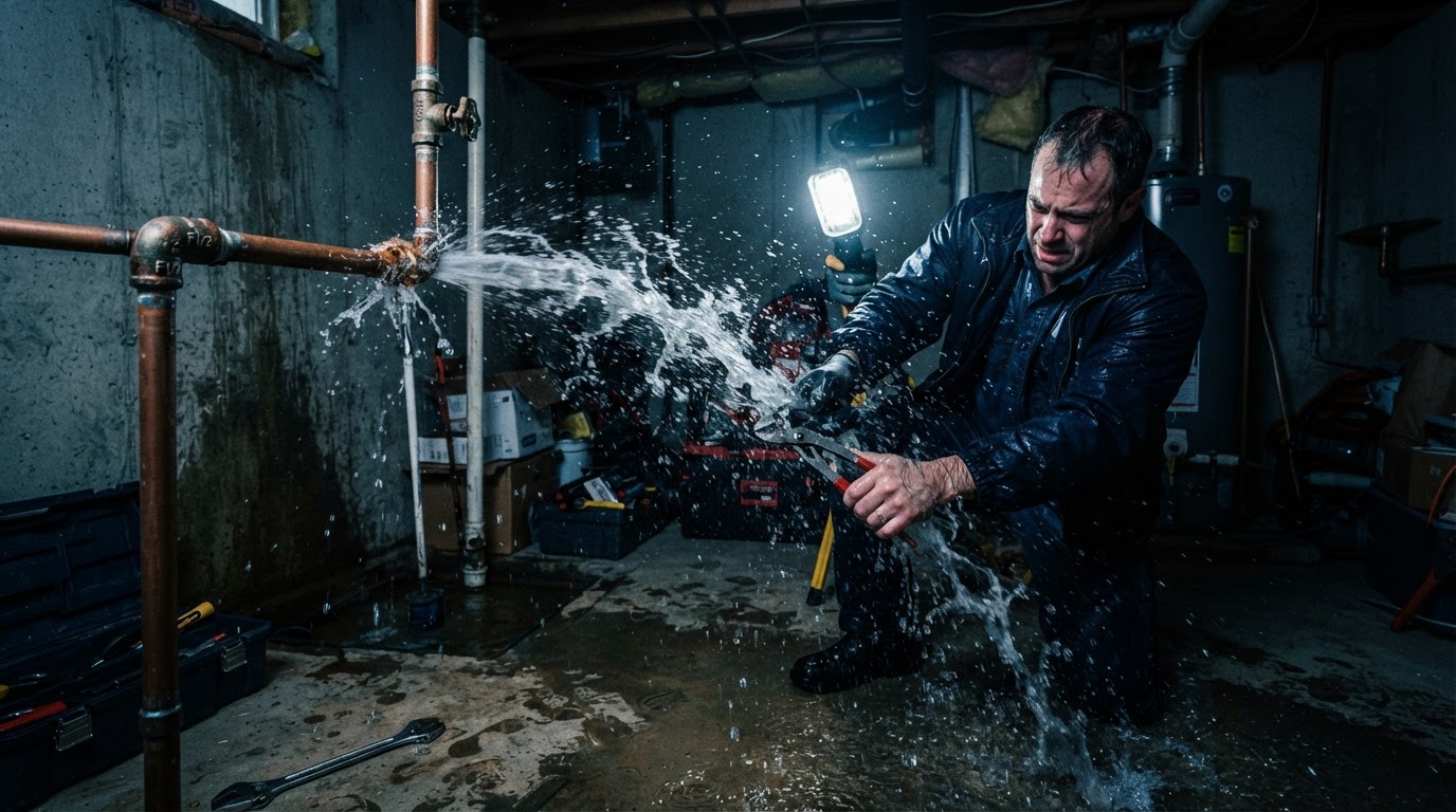 Emergency plumber repairing a burst pipe in a Greater Vancouver basement
