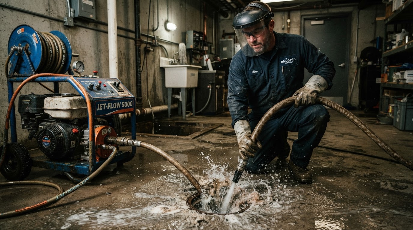 Plumber performing hydro-jetting on a floor drain in Greater Vancouver