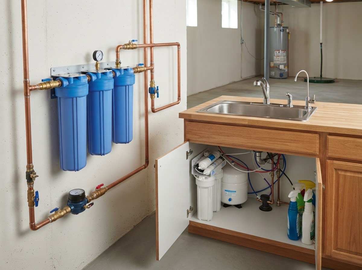 A whole-house water filtration system with multiple filter housings on a main water line alongside a compact under-sink reverse osmosis system beneath a kitchen sink