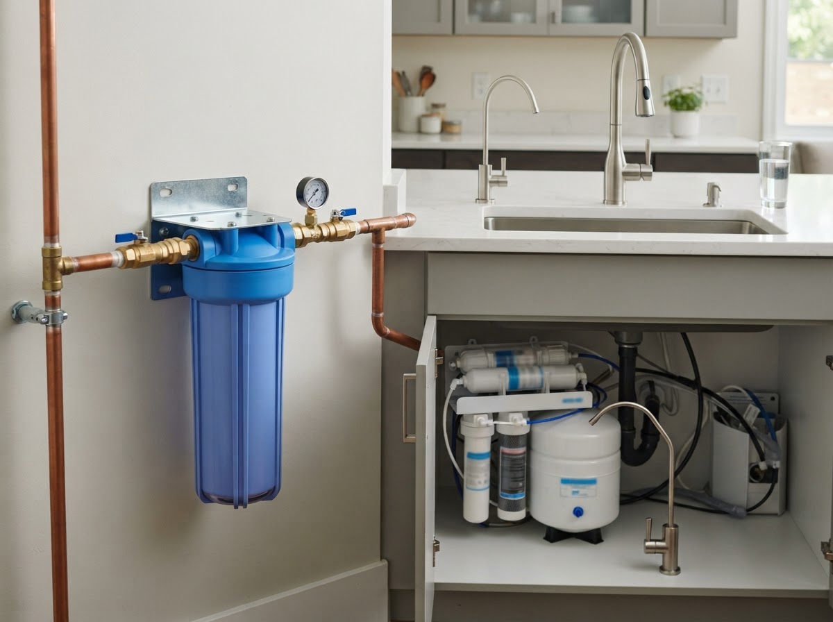 A whole-house sediment filter housing on a main water line alongside a compact under-sink reverse osmosis system with a dedicated drinking water faucet at a kitchen sink