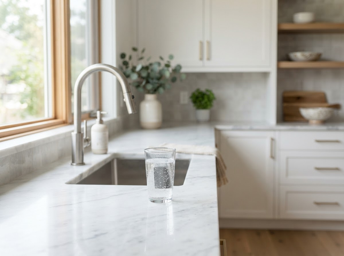 Modern residential kitchen with a glass of fresh filtered water from a water filtration system
