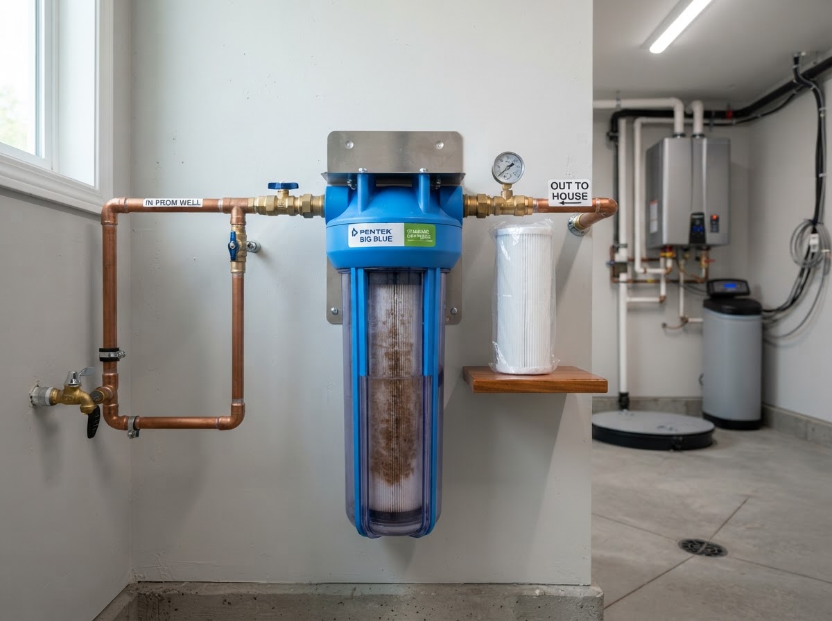 A residential whole-house water filter housing with a replaceable sediment cartridge and a fresh replacement filter cartridge beside it in a clean utility room