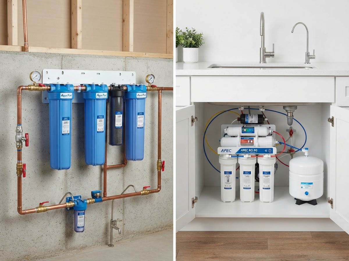A whole-house water filtration system with multi-stage filter housings on a basement main water line compared with a compact under-sink drinking water filter beneath a kitchen sink