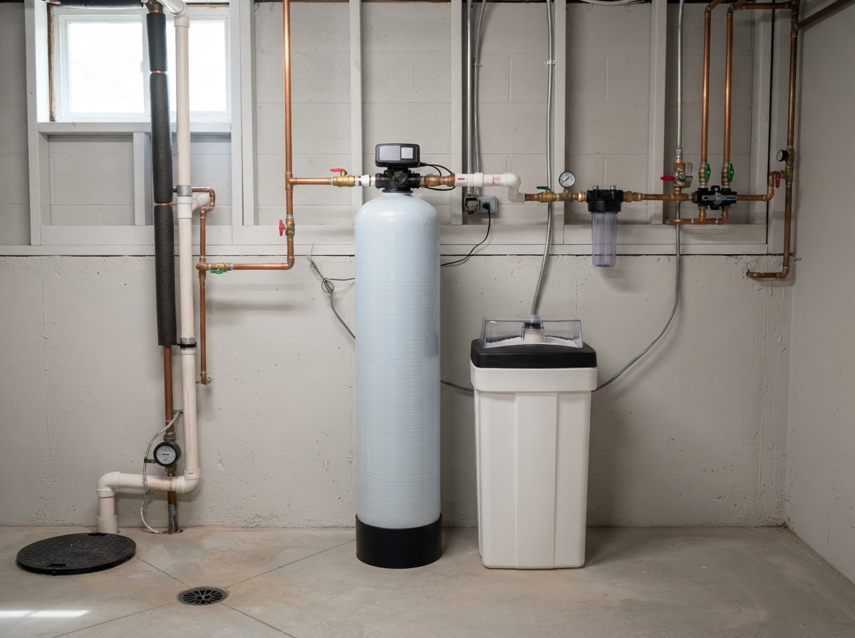 A residential water softener system installed in a clean utility room, showing a tall resin tank beside a shorter brine tank connected to the home's main water line