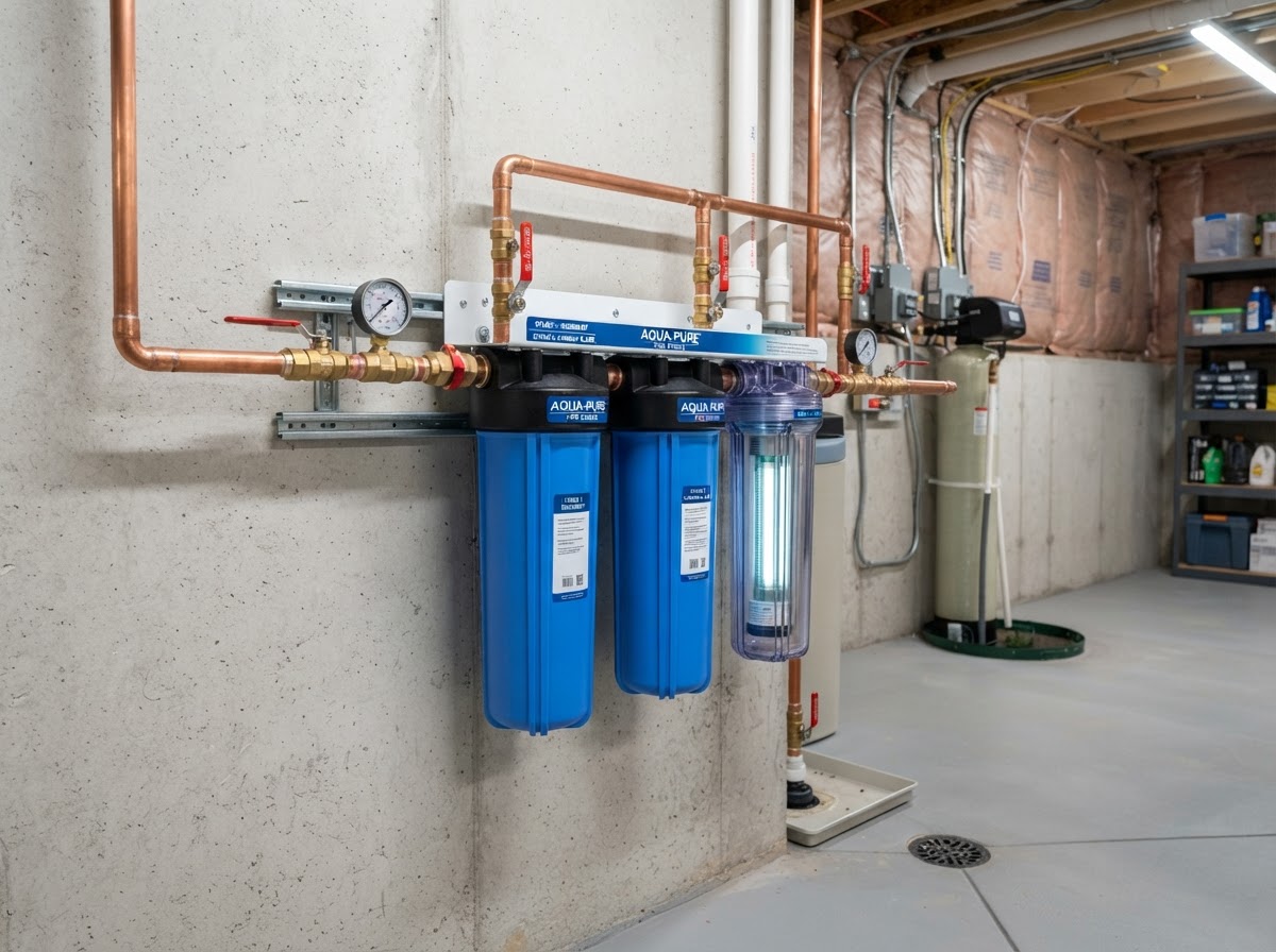 Whole-house water filtration system installed at the main water line in a residential basement, with multi-stage filter housings and pressure gauges