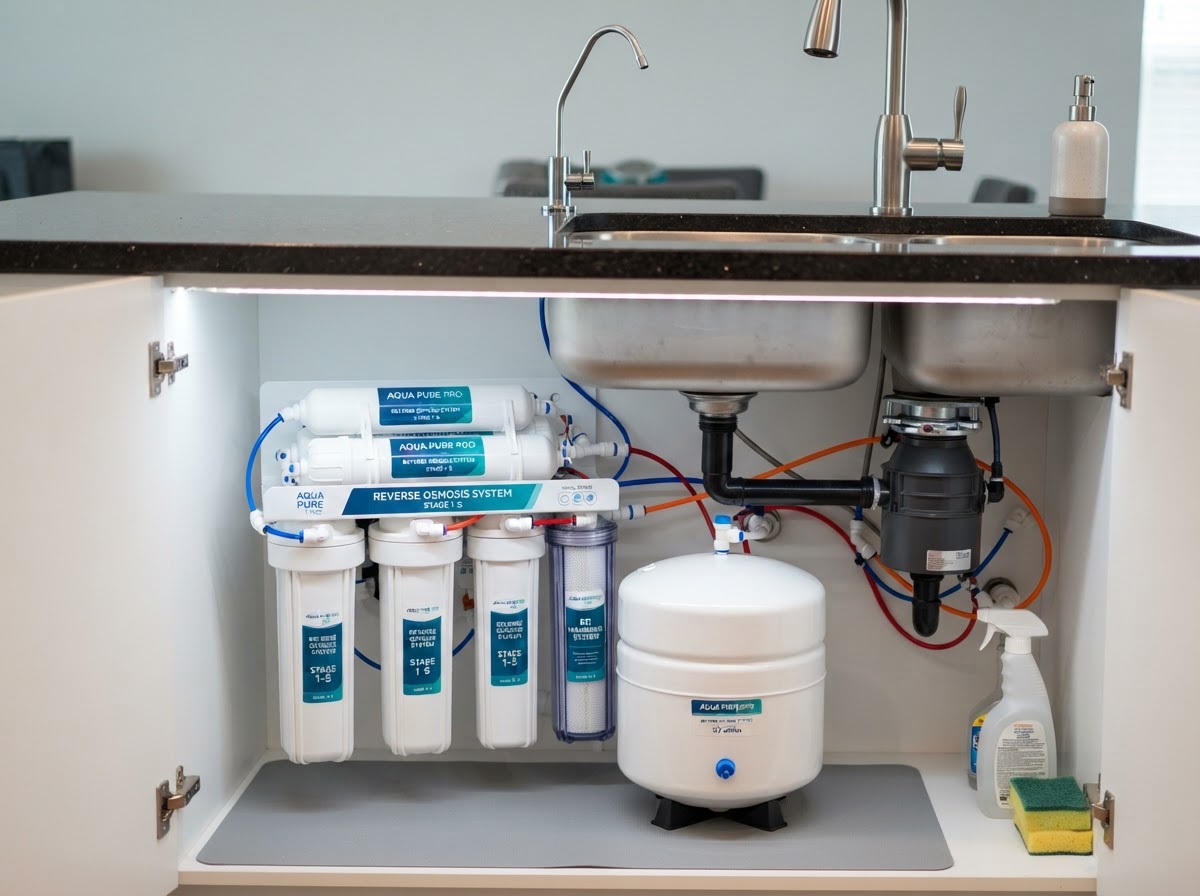 Residential reverse osmosis system installed under a kitchen sink with multiple filter stages, a storage tank, and a dedicated drinking water faucet