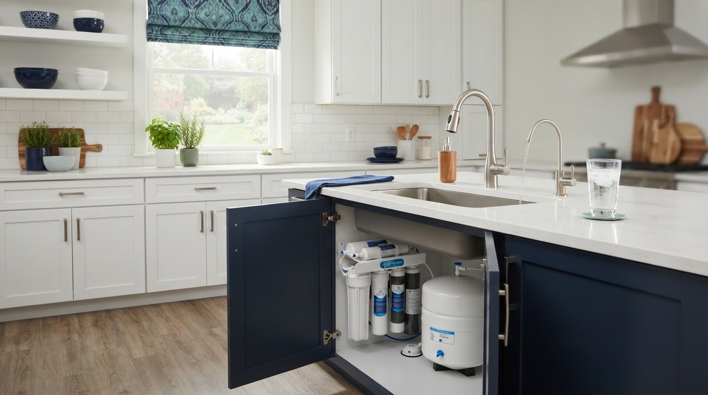 Modern residential kitchen with a clean under-sink reverse osmosis water filtration system and a glass of fresh filtered water