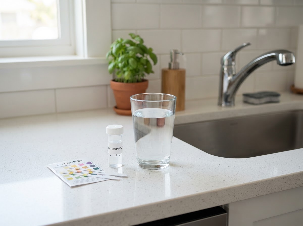Water quality testing at a residential kitchen sink with a glass of fresh water and test strips