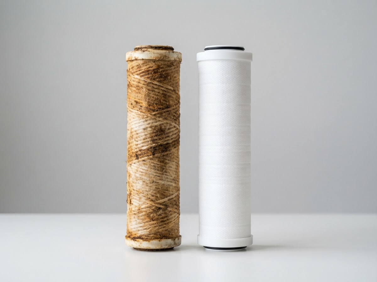 A used, discolored sediment water filter cartridge standing next to a clean white replacement cartridge