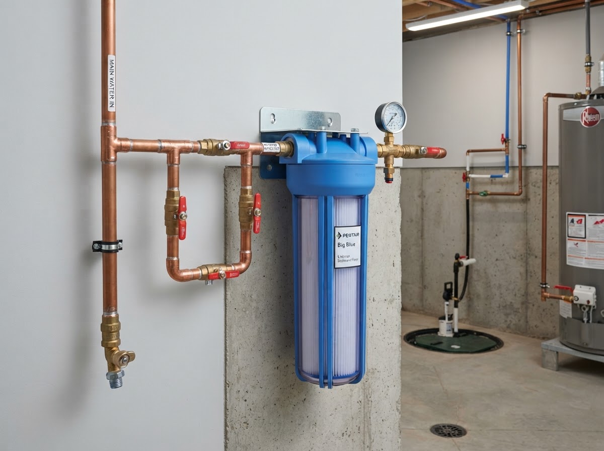 A residential whole-house sediment water filtration system with a blue filter housing, clear sediment cartridge, pressure gauge, and plumbing connections installed near the main water line in a utility room
