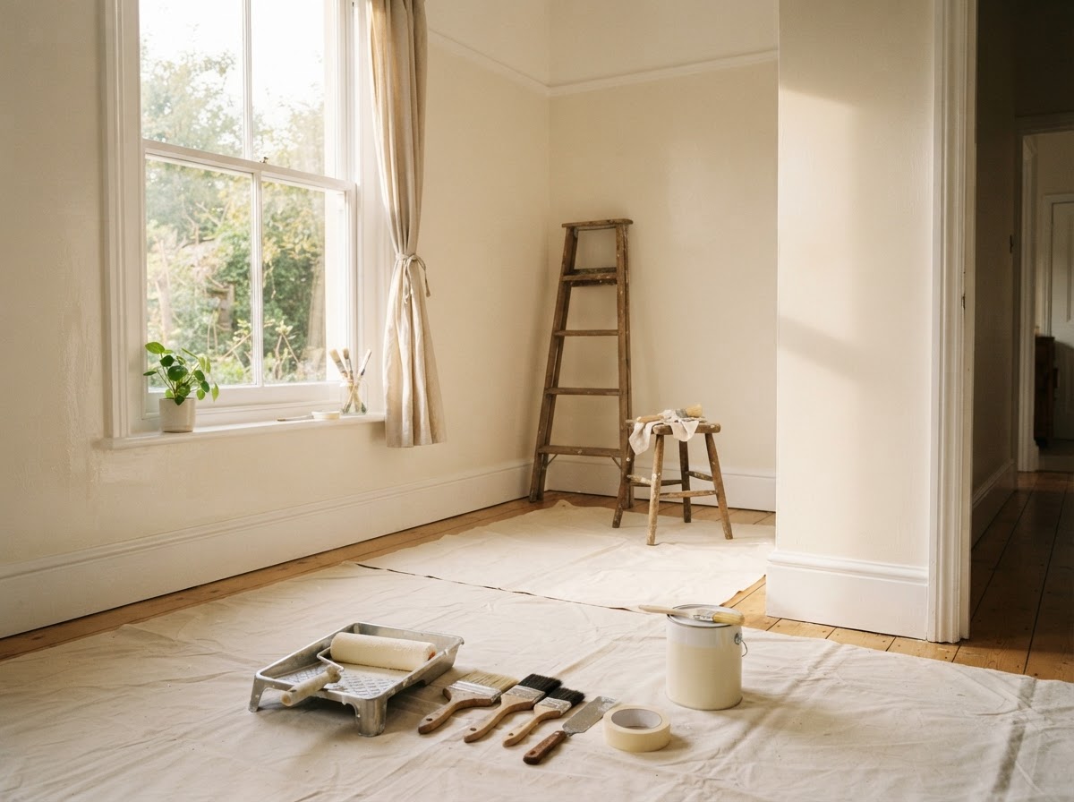 An interior room mid-decoration with rollers and dust sheets