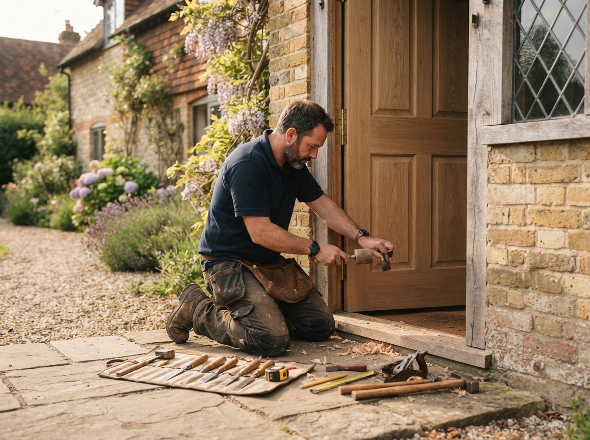 A timber front door being repaired and fitted