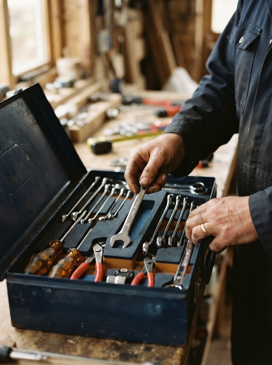 A tidy tool box with chrome and hand tools, ready for property maintenance work