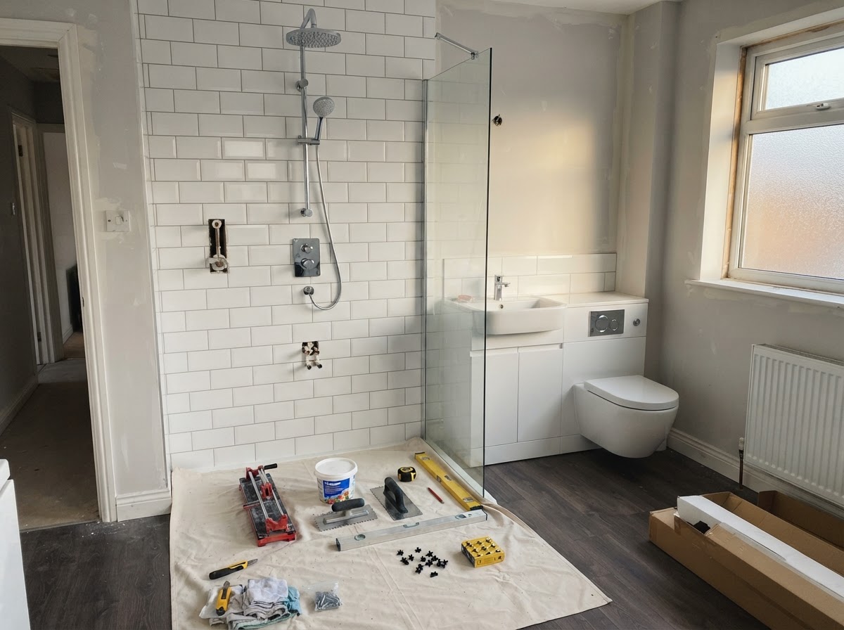 A bathroom mid-refit with fresh tiling and chrome fittings