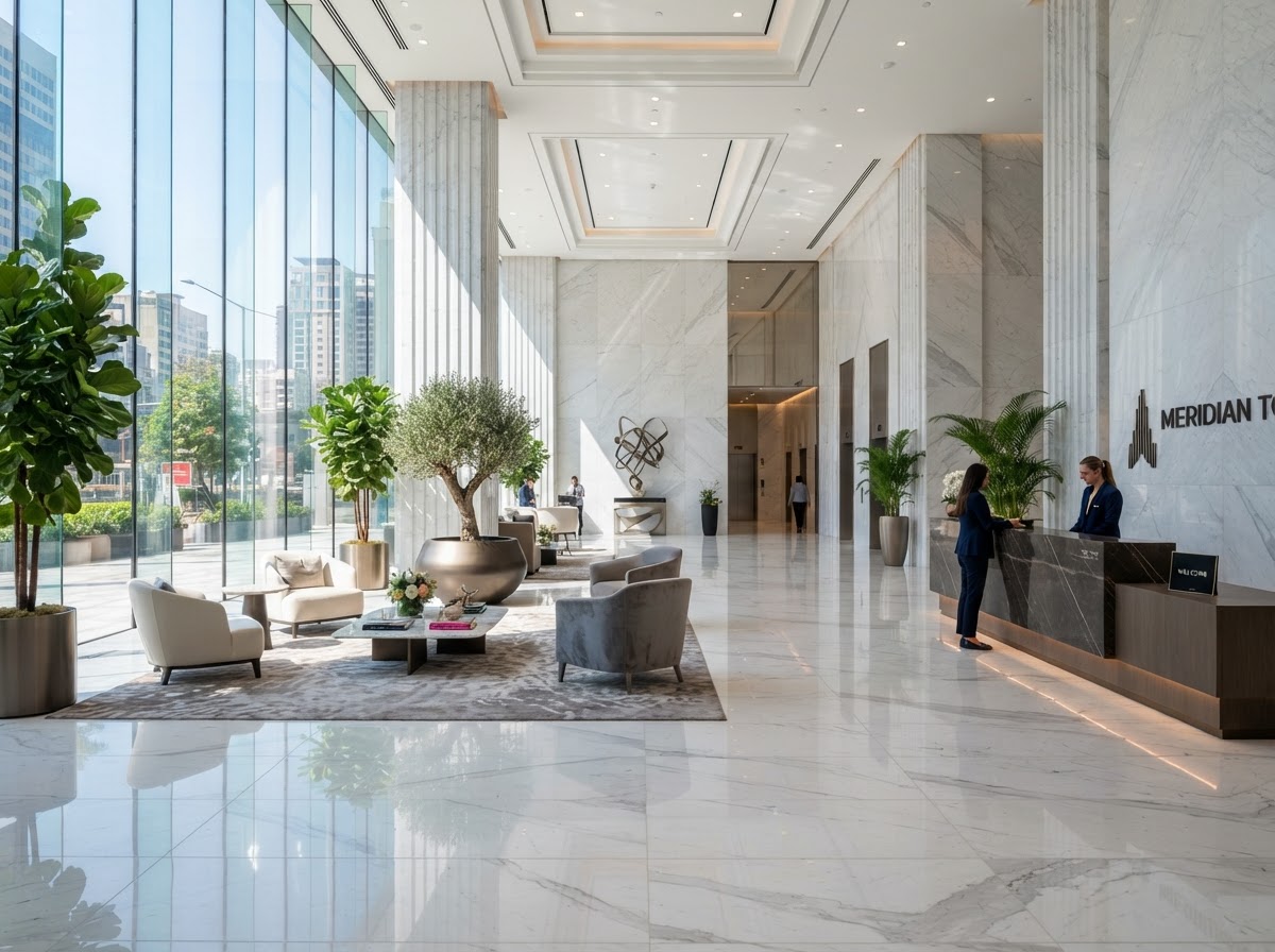 Bright, professionally cleaned luxury commercial lobby with polished marble floors