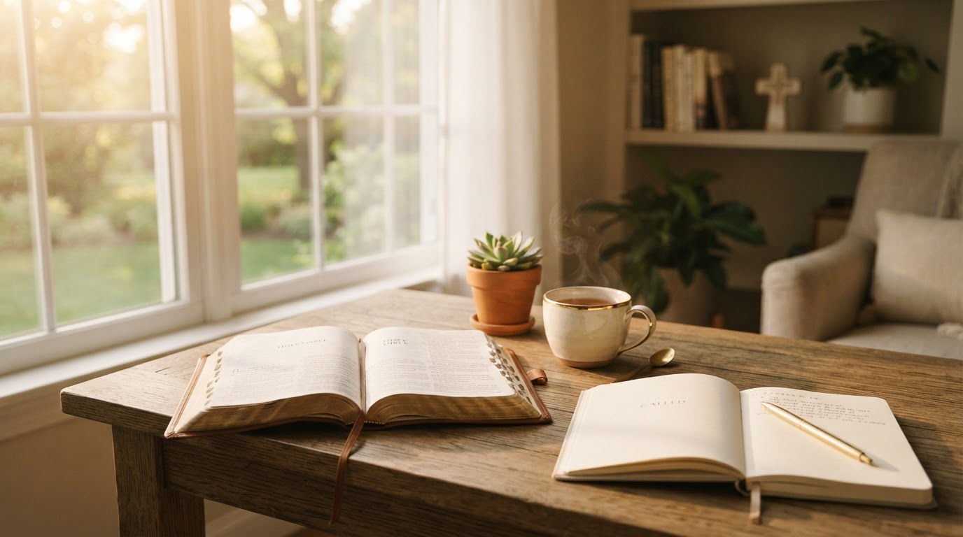 Soft golden light on a peaceful desk with an open Bible and journal
