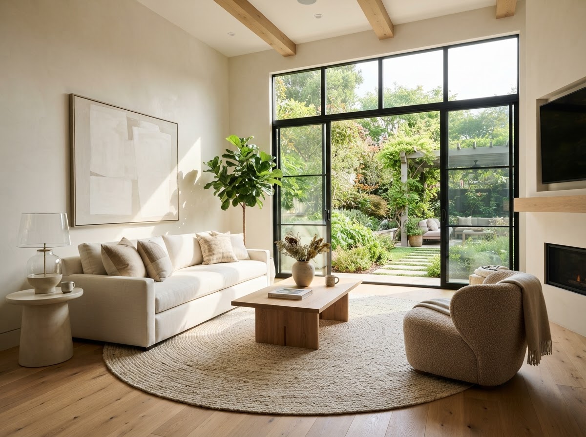Bright, elegant residential real estate living room interior with warm natural sunlight