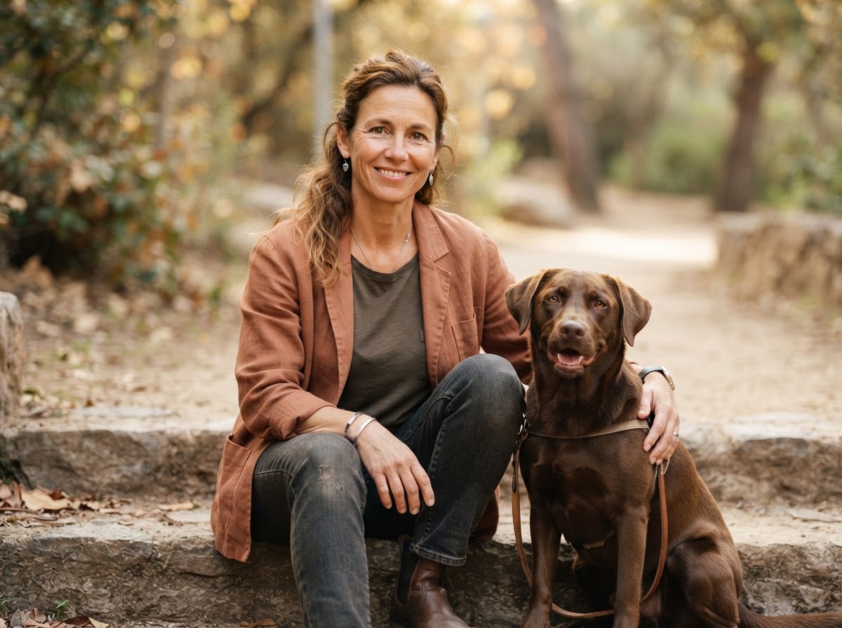 Kursledaren tillsammans med en hund utomhus