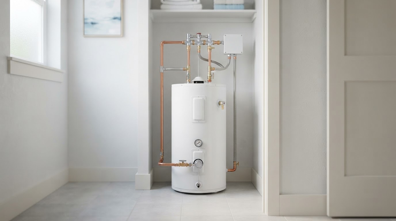 A clean residential tank water heater in a bright utility space