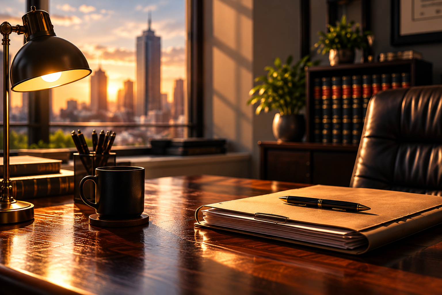 Bankruptcy case file on an attorney's desk at sunset overlooking the city